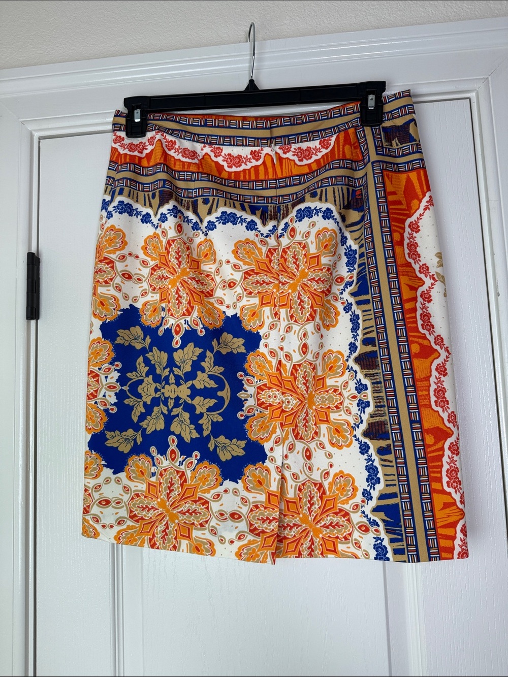 Antonio Melani Patterned Blue & Cream A-Line Women's Skirt - Picture 3 of 5